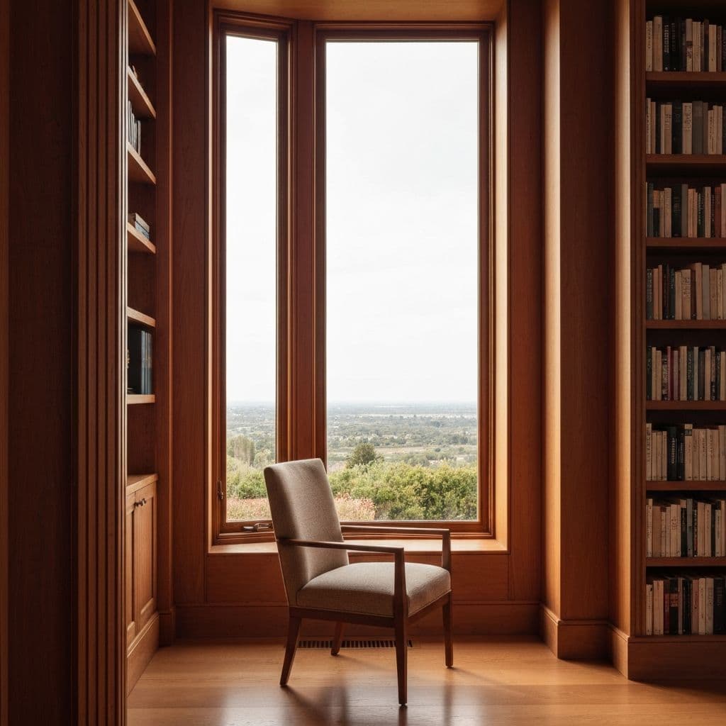 Quiet study interior with reading chair and window