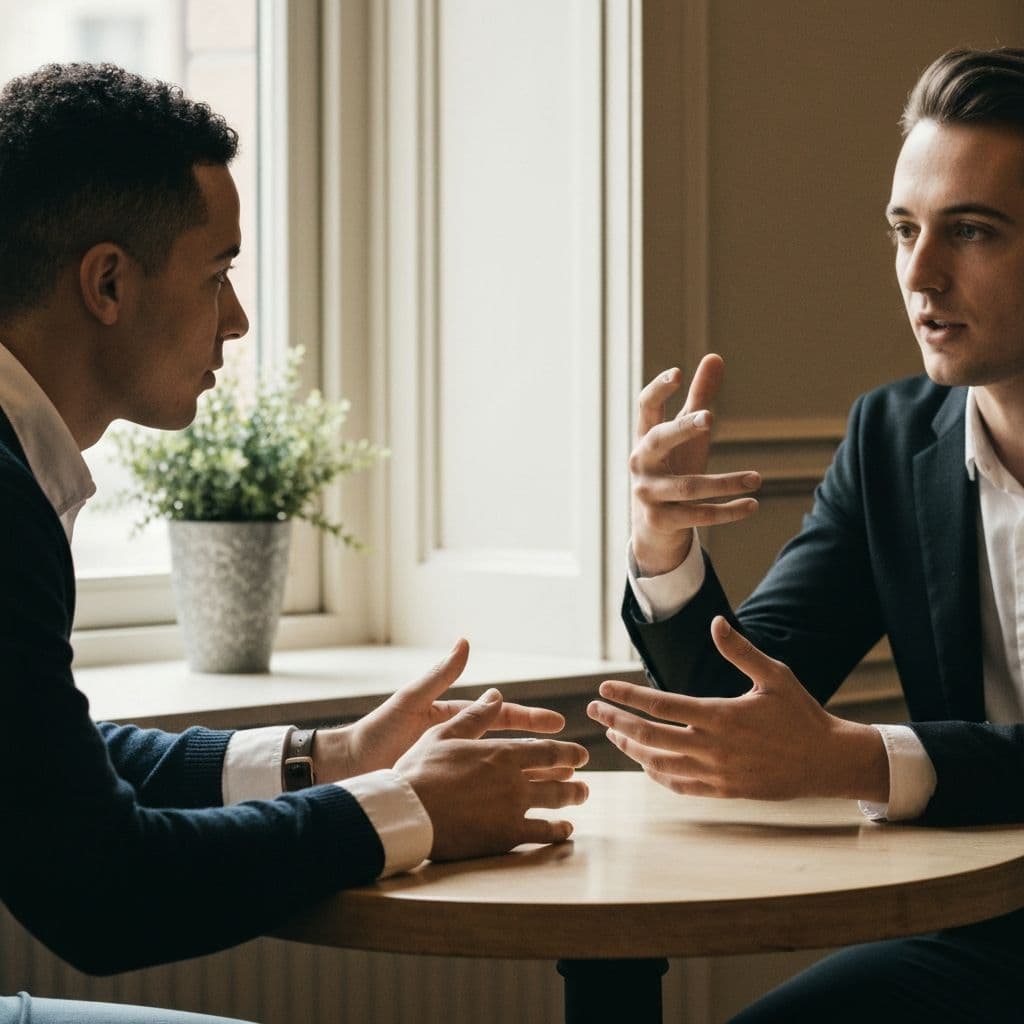 Two people in thoughtful conversation